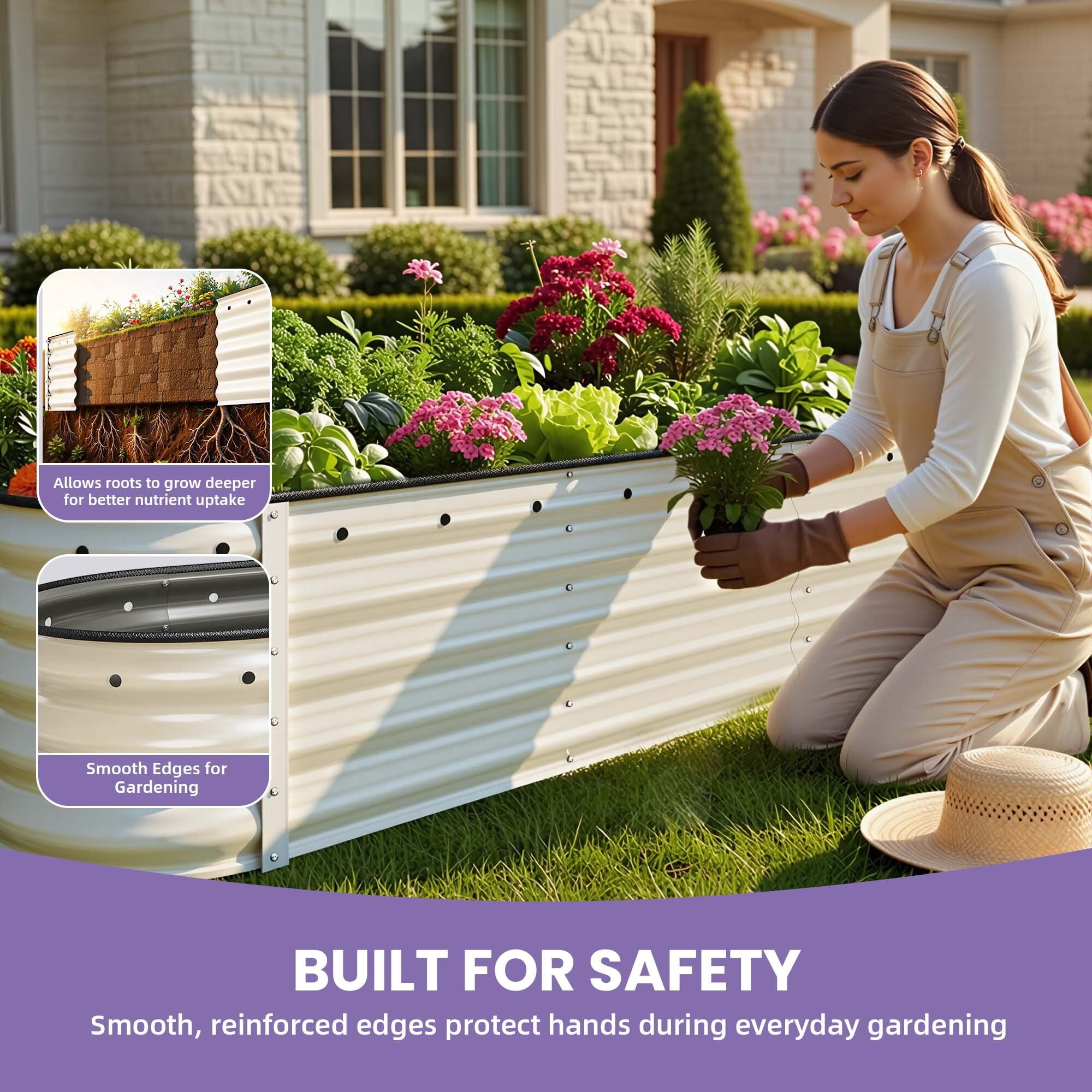Uforic 6.5x2x1.5ft 17" Tall, 6 in 1 Set, Galvanized Metal Raised Garden Bed, Planter Box with Gloves & Safety Rubber, Cream White