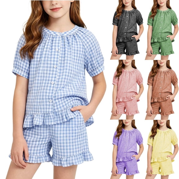 Girls 2 Piece Plaid Suit Puff Short Sleeve Crew Neck Tops Elastic Waist Short Ruffled Hem Cute Casual Outfits (15-16 Years, Blue)