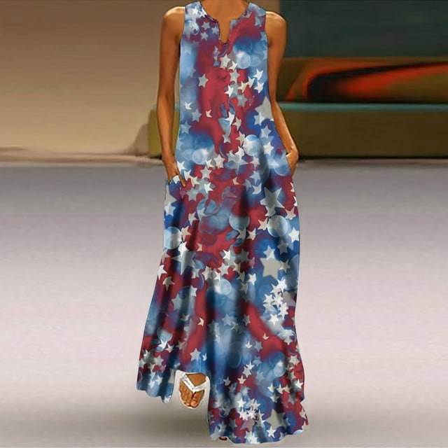 Robe Soleil Femme Décontractée Ample Imprimée Robe Débardeur Plage Col en V avec Poche Robe d'Été Sans Manches Robes Femme Robe en Liquidation