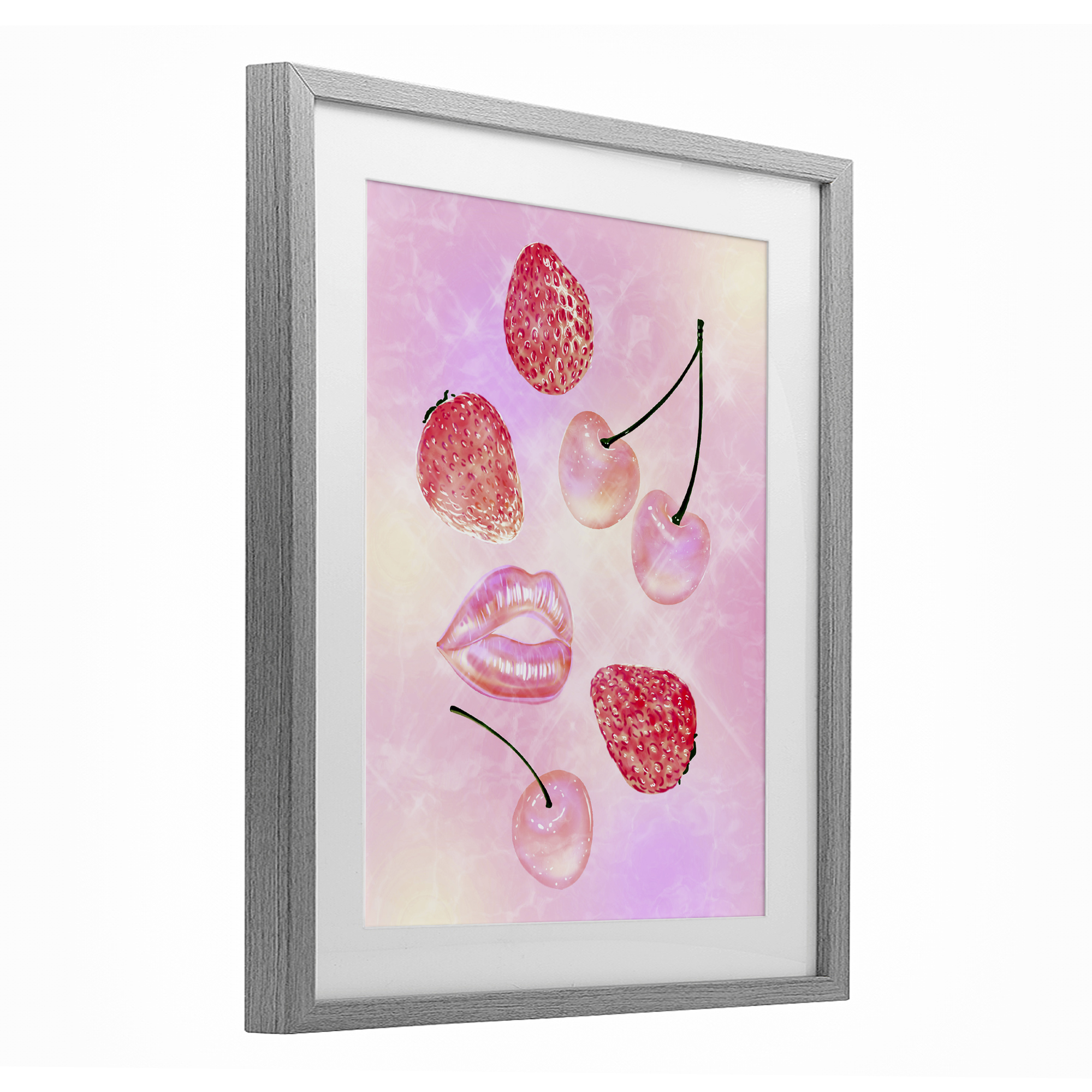Pink Fruits and Kisses Gray Framed Print Under Glass, design by Ziwei Li