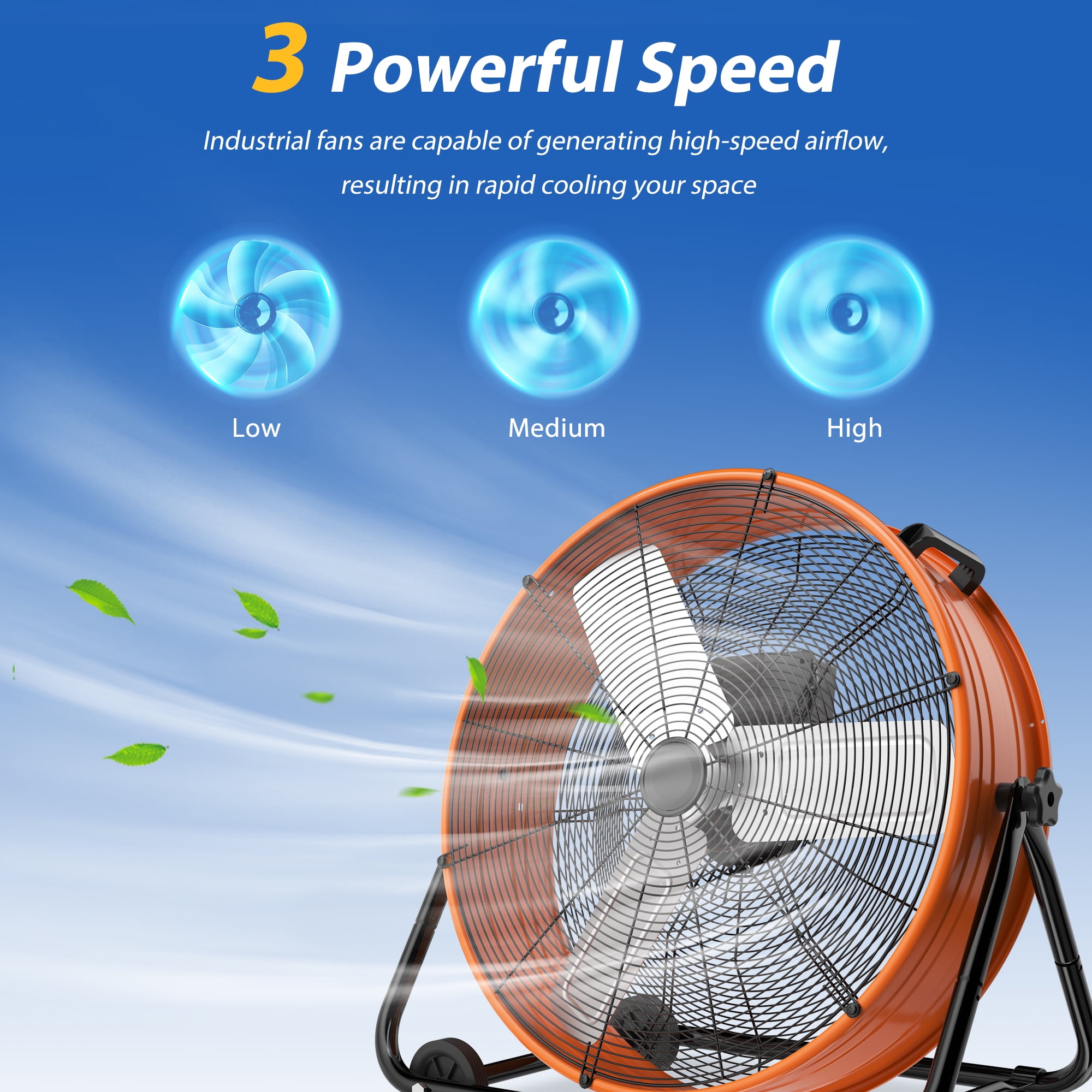 LifePlus Industrial Drum Fan, 5620cfm High Velocity Floor Fan 3 Speed Air Circulation, 24 inch, Orange