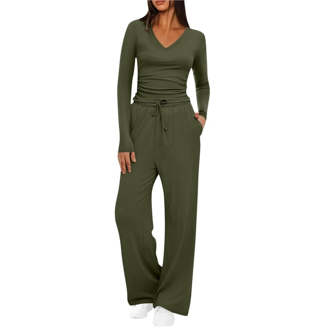 Diufon Matching Lounge Sets for Women Fall Outfits Long Sleeve V Neck Shirts Wide Leg Drawstring Pants with Pockets
