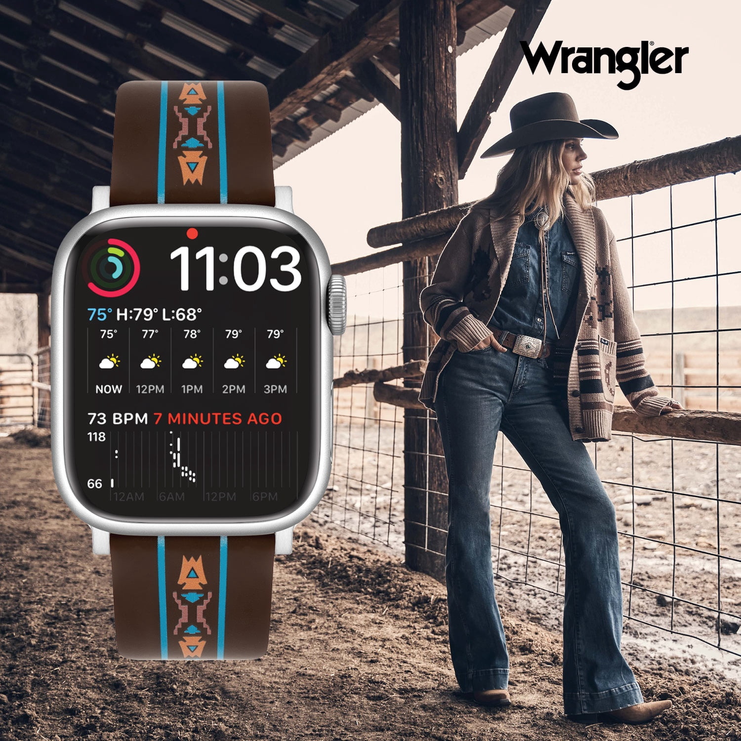 Wrangler® "Aztec" Brown Silicone Band for The Apple Watch®, Western Pattern, Unisex, Fits all Apple Watch® Series and Sizes