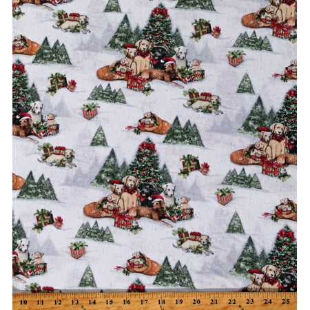 Cotton Christmas Dogs Labs Golden Retrievers Puppies Winter Holiday Snow Christmas Trees Gifts Presents Cotton Fabric Print by the Yard (77735-G550715)