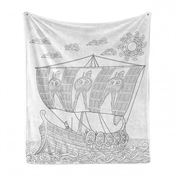 Odyssey Soft Flannel Fleece Throw Blanket, Uncolored Composition of Galley Ship with Warriors in Sketch Style, Cozy Plush for Indoor and Outdoor Use, 60" x 80", Charcoal Grey White, by Ambesonne