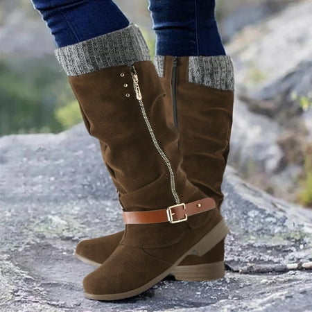 

Cathalem Womens Knee High Boots with Heels Mid Boots Ladies Winter Casual Shoes Furball Embellished Boots Shoes Brown 6.5