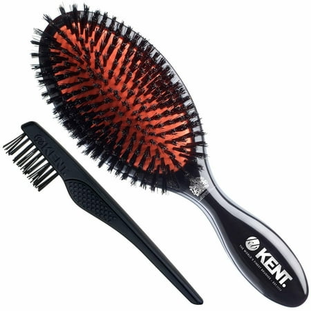 Kent CSFL Classic Shine Large Oval Cushion Straightening Brush and Hair Detangler - Natural Black Boar Bristle Hair Brush - Shine Hair Brush and Scalp Scrubber for Long Thick Hair