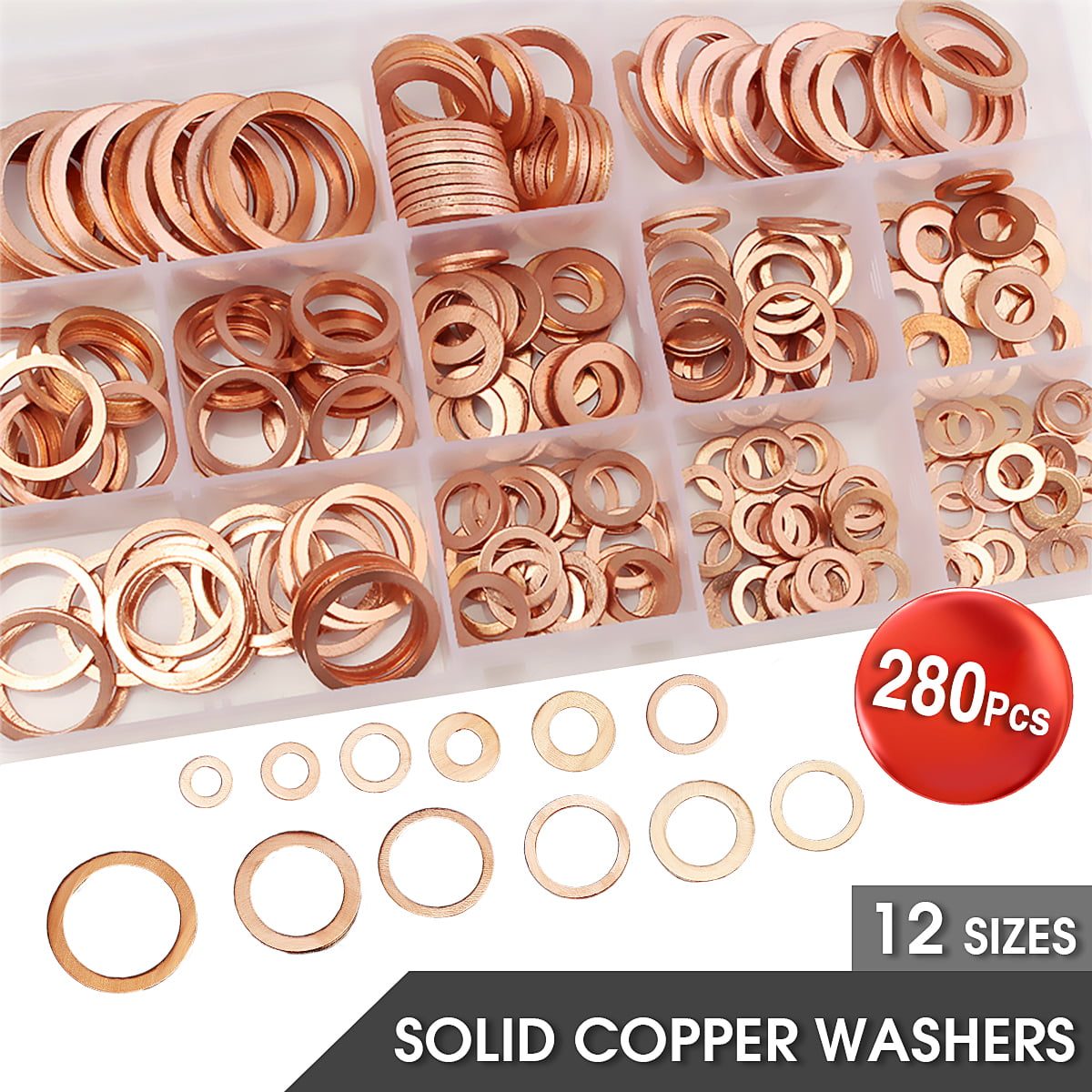 280 Pcs 12 Sizes Universal Car Copper Crush Washers Seal Flat Ring Set With Box