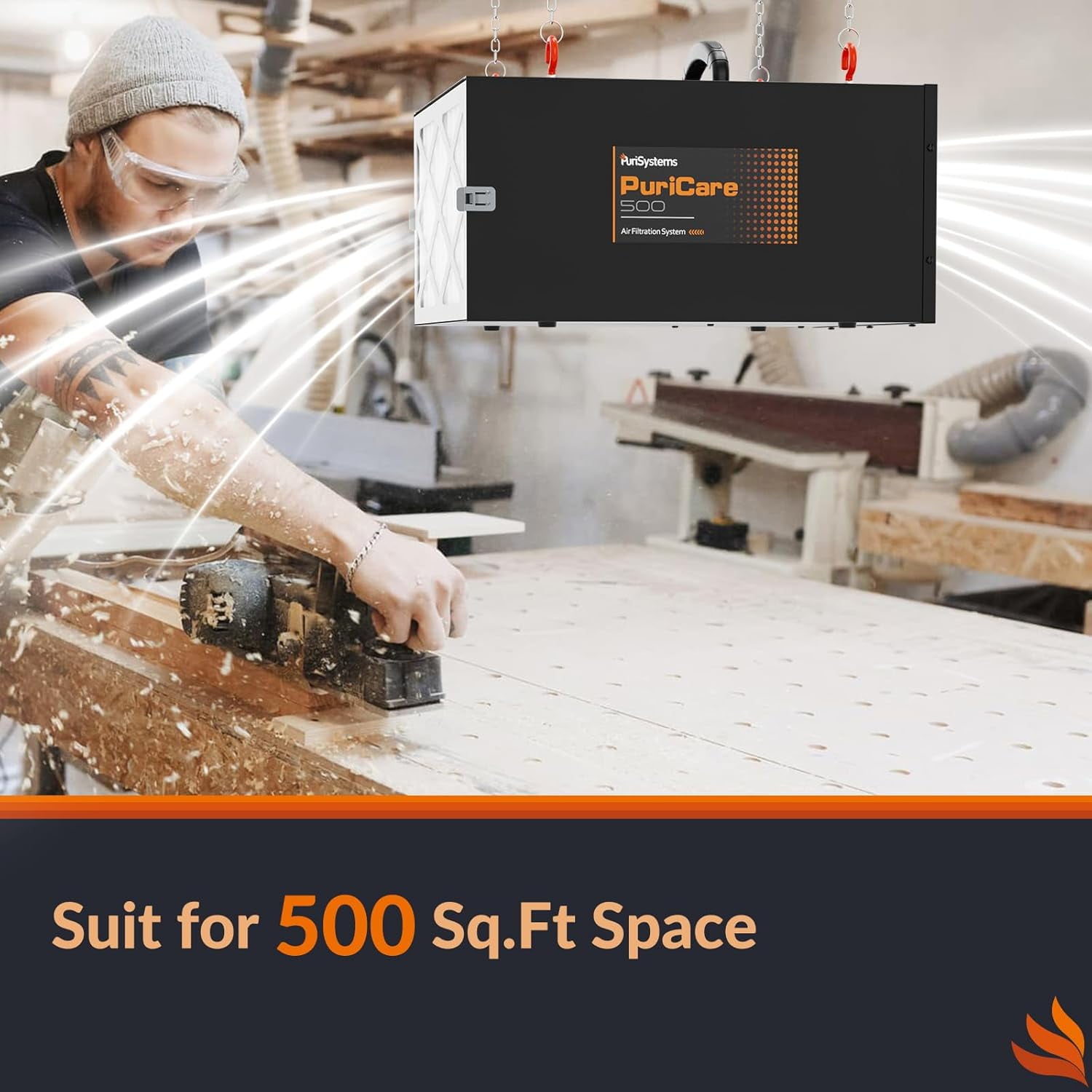 PURISYSTEMS 3-Speed Remote Air Filtration System, PuriCare 500 Hanging Air Filter w/RF Remote for Woodworking, Garage Air Purifier, Shop Dust Collector, up to 500 sq. ft(350 CFM/450 CFM/500 CFM)