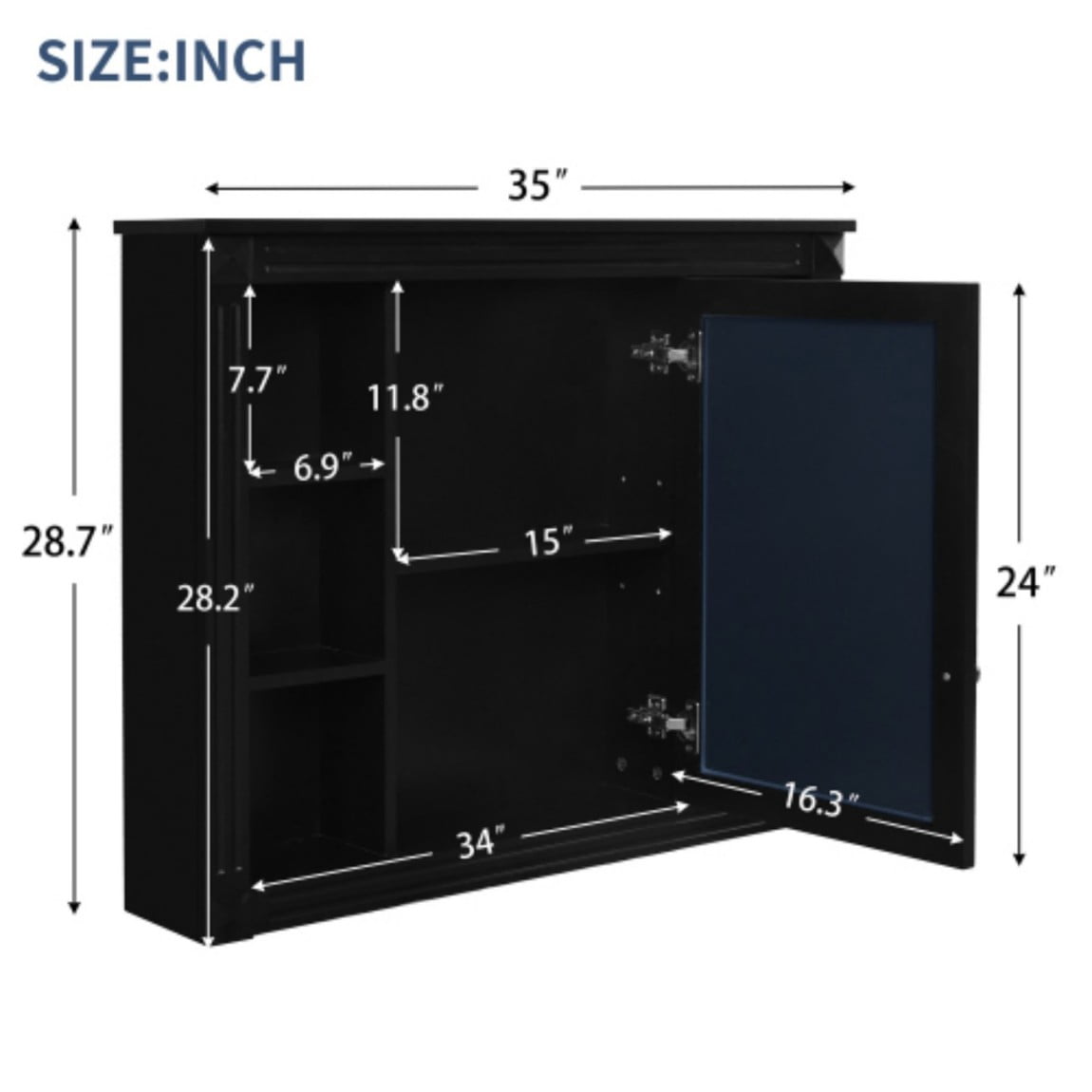 35"x 28" Wall Mounted Bathroom Medicine Cabinet with Mirror, Adjustable Shelves, Open Storage, Towel Bar, MDF Bathroom Storage Cabinet, Black