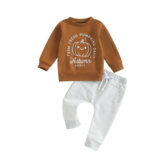 Mialoley Toddler Boys 2PCS Pants Sets Long Sleeve Letter Pumpkin Print Tops and Drawstring Pants Sets