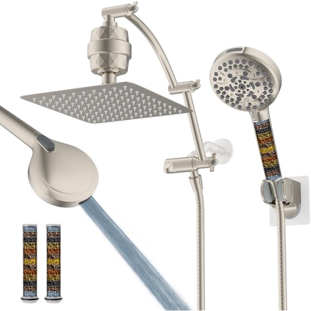 Pommeau de Douche Tout en Métal ‘‘ Pommeau de Douche Haute Pression Pluie / Combo Pommeau de Douche à Main avec ‘‘ Bras Extensible Réglable en Arc ‘‘ Support de Pommeau de Douche Adhésif Chrom