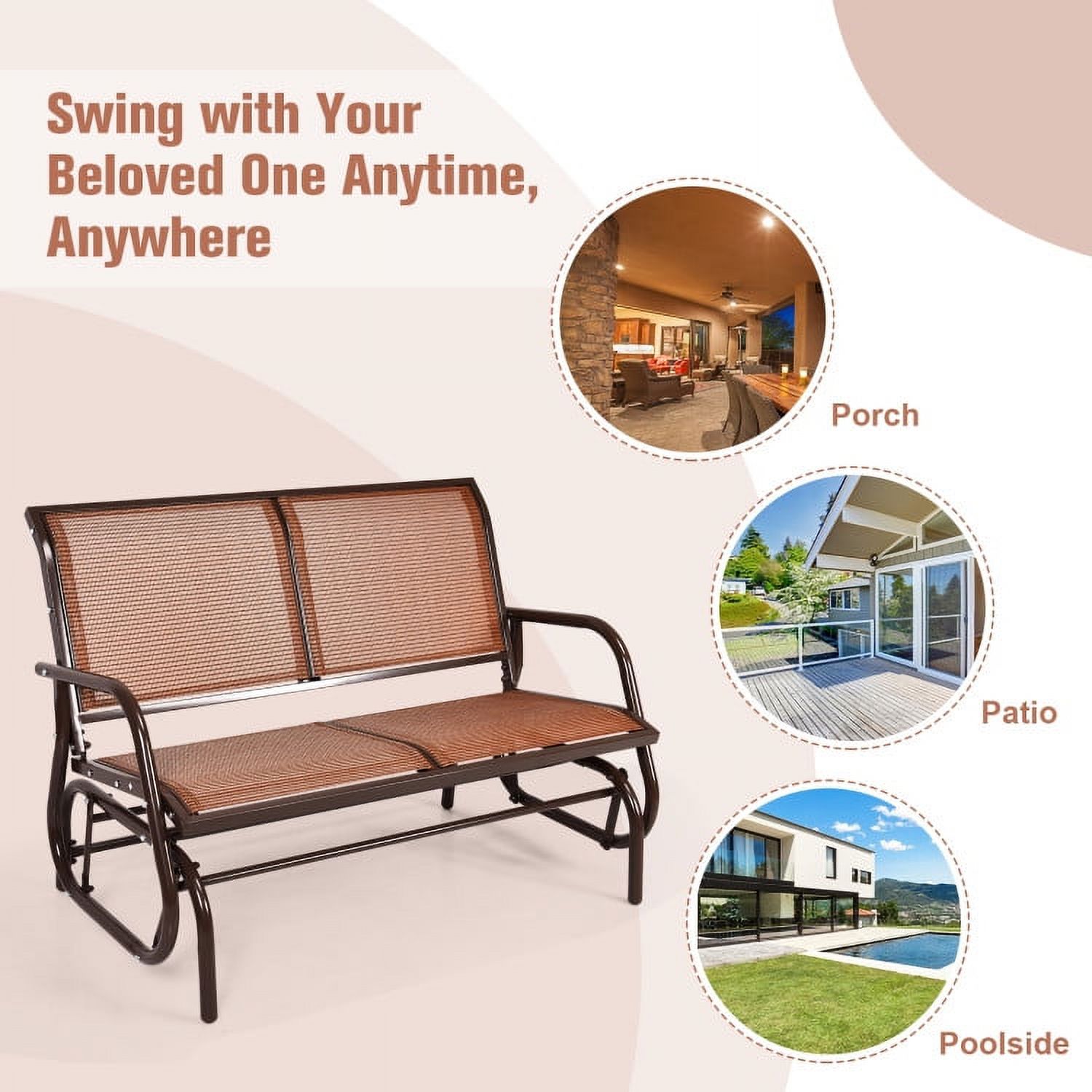 Aimee Lii Double Chair Outdoor, Patio Glider Bench, Porch, Backyard, Sturdy, Brown