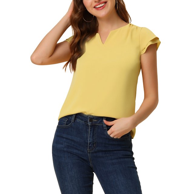 INSPIRE CHIC Women's Solid V Neck Cap Short Sleeves Work Blouse XS Light Yellow