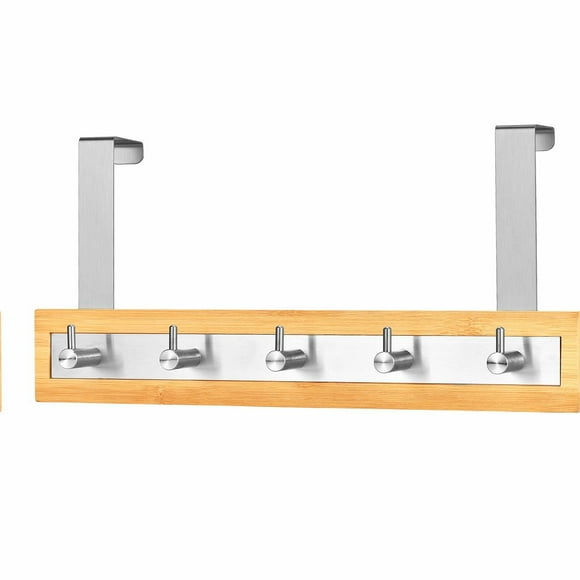 EcoGrip Bamboo Stainless Steel Over-The-Door Towel & Coat Rack - 5 Durable Hooks for Bathroom, Laundry Room, and Closet Organization