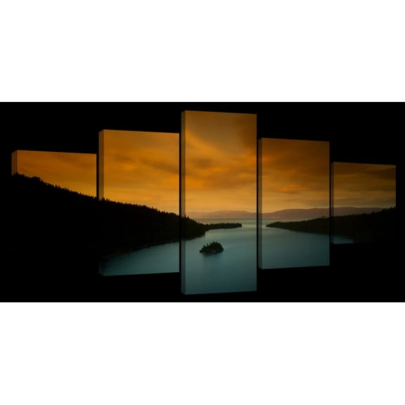 Elephant Stock Lake Tahoe At Nightfall Wall Art - Horizontal Multi Panel Canvas - 5 Pieceliving Room Wall Decor - Photography Nature Multi Panel - Orange And Brown Decor - 29" x 12"