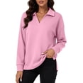 thumbnail image 2 of Dolkfu Long Sleeve Tops for Women Trendy Retro Pink V-Neck Sweatshirt Modern Relaxed Fit Solid Romance Sweatshirts & Hoodies Pink,XXL, 2 of 7