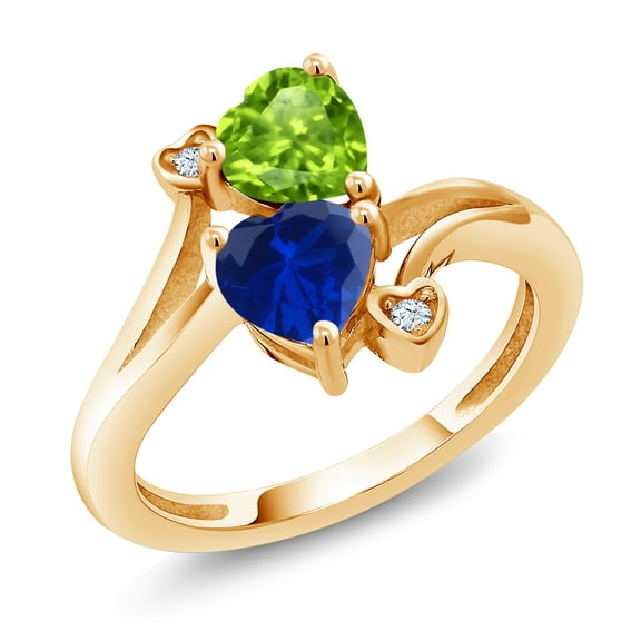 Gem Stone King 18K Yellow Gold Plated Silver Green Peridot Blue Created Sapphire Ring for Women (1.66 Cttw, Heart Shape 6MM, Gemstone August Birthstone, Size 6)