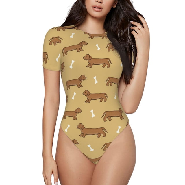 Saiise Justaucorps à Manches Courtes pour Femmes Motif Chiot Teckel Col Rond Pyjama Extensible avec Fermeture à Pression-Moyen
