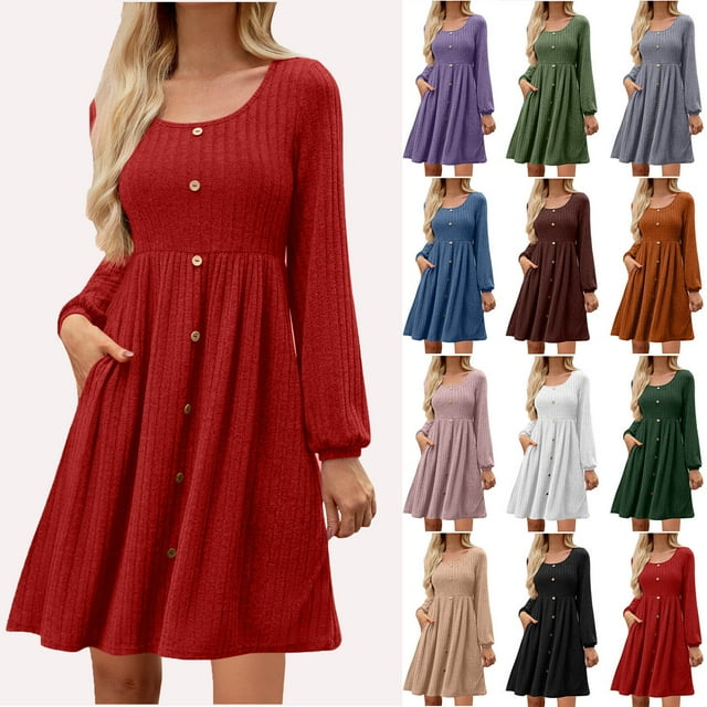 Robes d'Automne à Manches Longues pour Femmes avec Poches, Col en V, Boutons, Décontractées, Robe Chandail en Tricot Badydoll 2025 Ndbuld, Rouge, TG