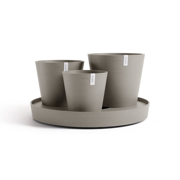 Ecopots Dubai Self Watering Durable Modern Round Indoor/Outdoor Recycled Based Composite Flower Pot Planters w/Wheels and Saucer, Taupe, 22"