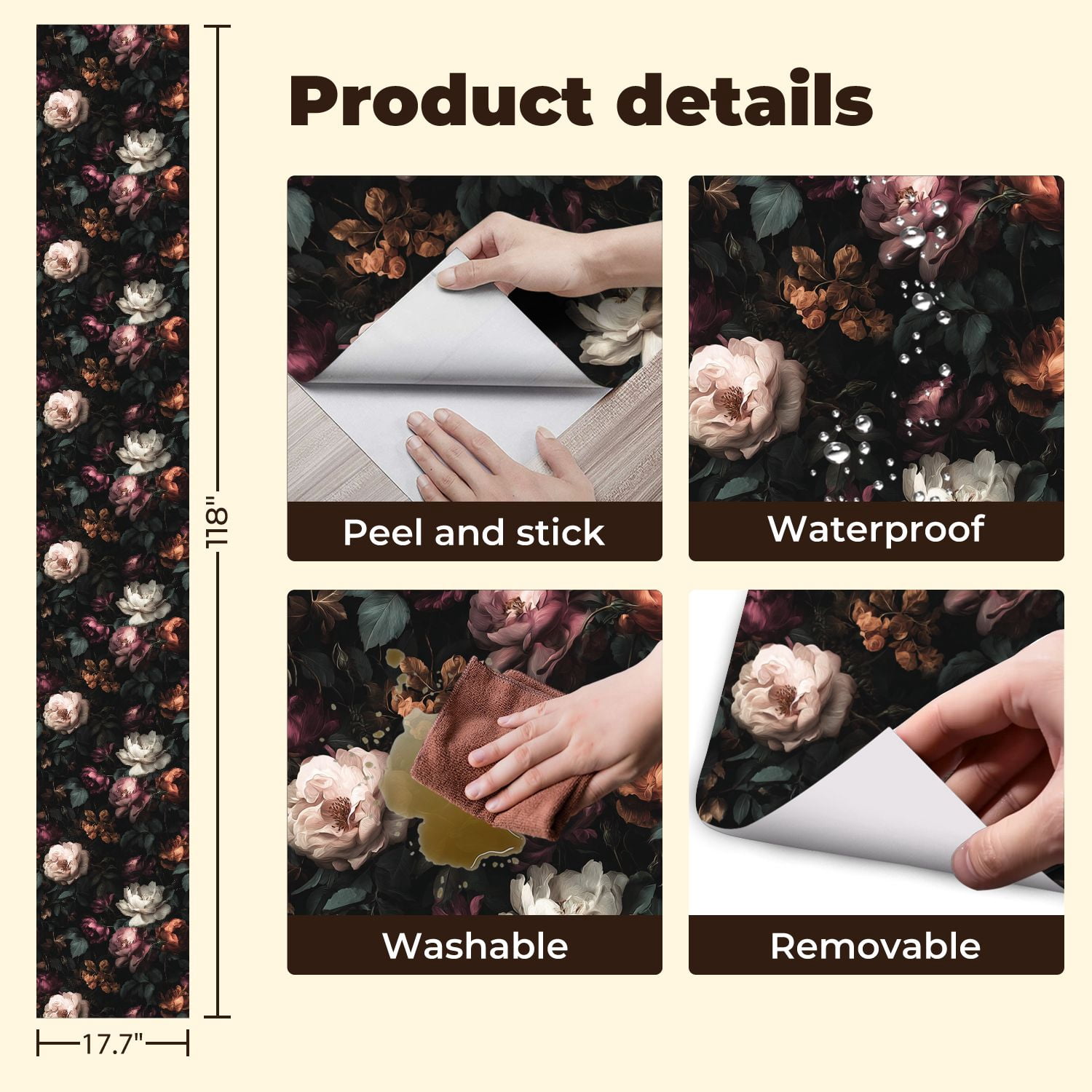 Peel and Stick Wallpaper Vintage Floral Soft Roses Dark Leaves Wall Mural 17.7in x 9.8ft Self Adhesive Removable Wall Paper Renter Friendly Wallpaper for Nursery Kitchen Bedroom Cabinets