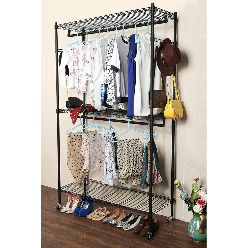 Kepooman 2 Tier Rod Clothes Garment Rack, Clothes Storage Hanger Shelf Hooks, Black