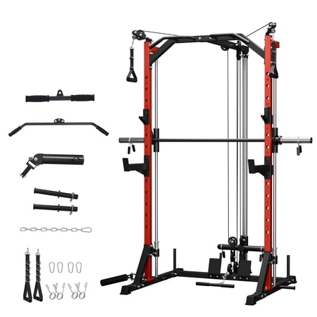 Mikolo Compact 7-IN-1 Smith Machine With Cable Crossover System, 1000LBS Multi-Functional Squat Rack, Workout Station with Weight Bar, Bend Peg and Other Functional Attachments