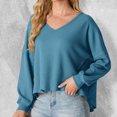 thumbnail image 2 of Olyvenn Womens V Neck Waffle Knit Sweater Loose Casual Blouse Plus Size Cropped Top Long Sleeve Pullover Crop Sweater Sky Blue 12, 2 of 6