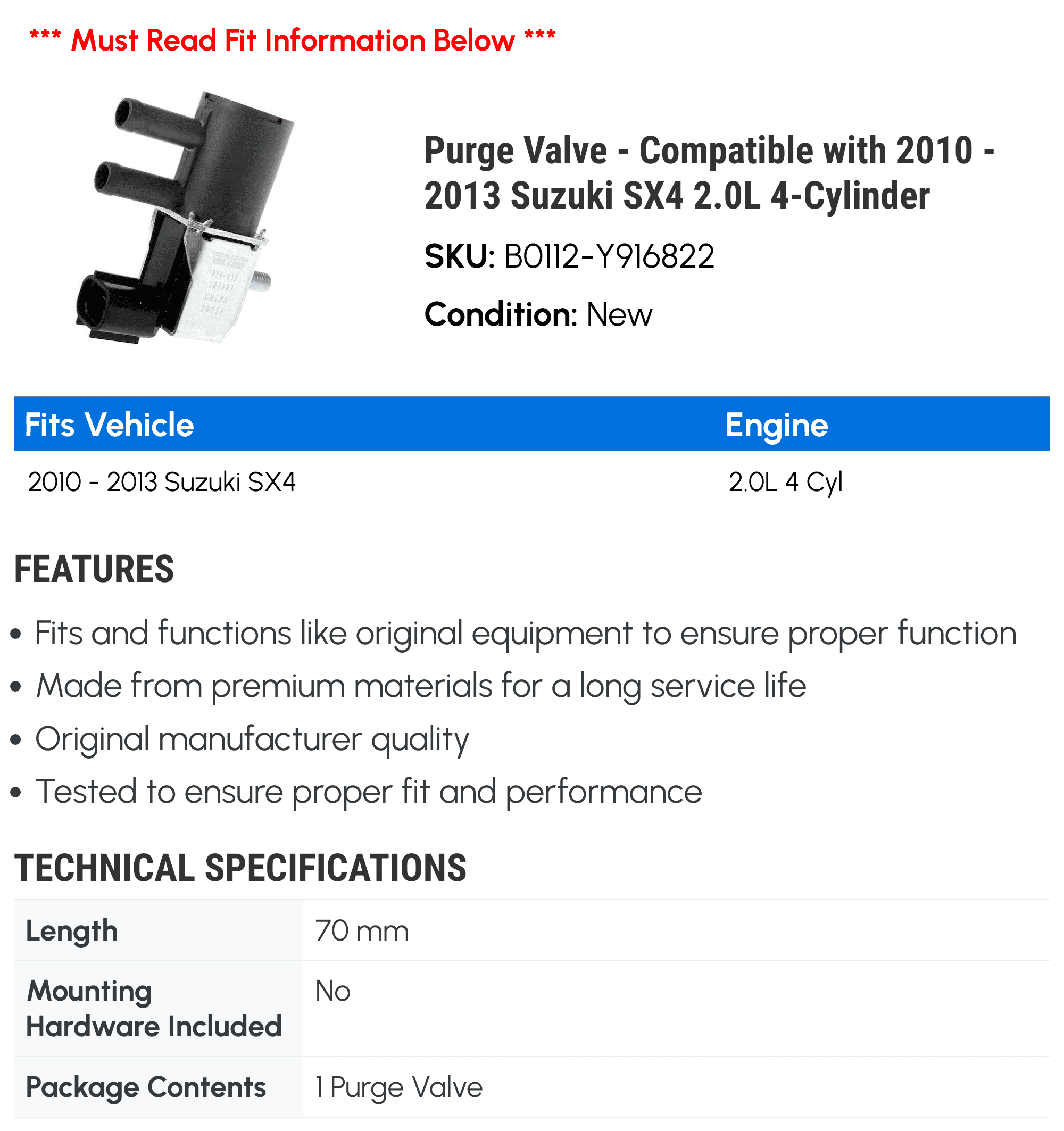 Purge Valve - Compatible with 2010 - 2013 Suzuki SX4 2.0L 4-Cylinder - Dorman