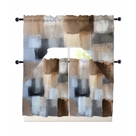 Abstract Gray Brown Kitchen Curtains Sets 24 Inch Length with Valance, Oil Painting Color Blocks Swag Valances and Tiers Curtain Set Drapes Swag Curtains for Living Room, Bathroom, Bedroom, Cafe