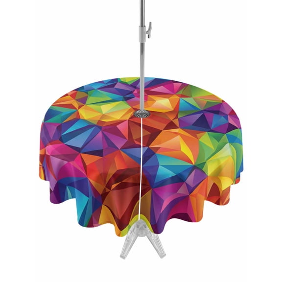 Outdoor Tablecloth with Umbrella Hole and Zipper, Colorful Geometric Round Table Cloth 54 Inch Waterproof Tablecloth, Modern Rainbow Ombre Abstract Art Picnic Table Cover for Patio Camping