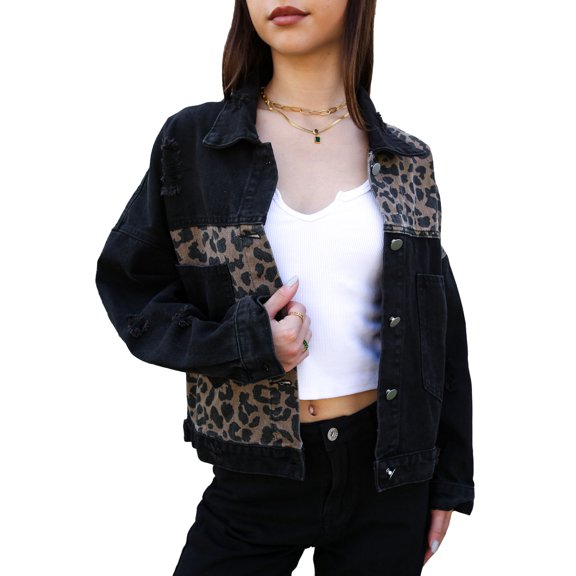Women Long Sleeve Leopard Print Colorblock Denim Jacket Distressed Boyfriend Outerwear, Black, Medium