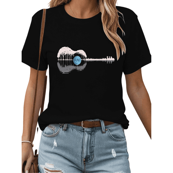 Black Moonlit Lake Silhouette Graphic T-Shirt Casual Loose Comfortable Shirts Night Nature Themed Daily Outfit Tops S-5XL
