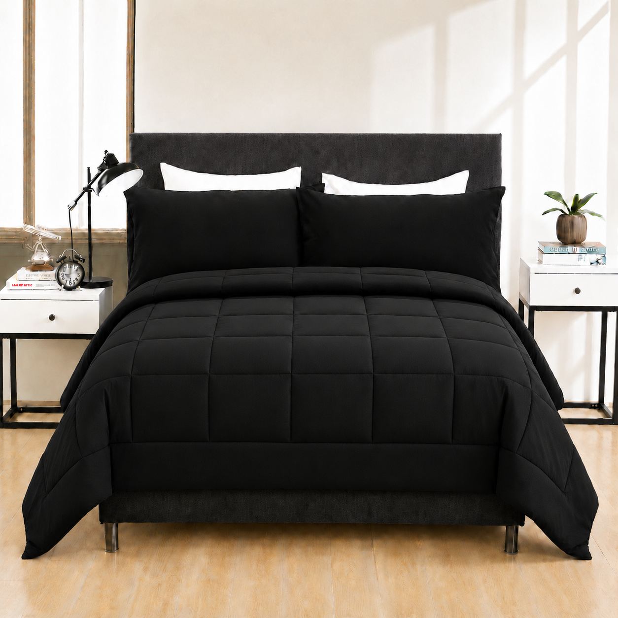 YEPCLUB 3-Piece Queen Size Comforter Set, Black Down Alternative Reversible Bedding Set, All-Season Quilted Soft Comforter with Pillowcases