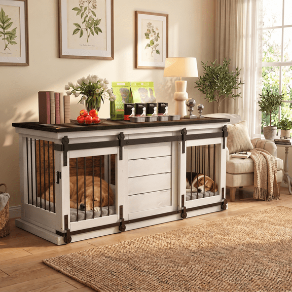 63" Solid Wood Dog Crate Furniture with Removable Divider and Sliding Barn Doors, 2-in-1 Indoor Pet Kennel