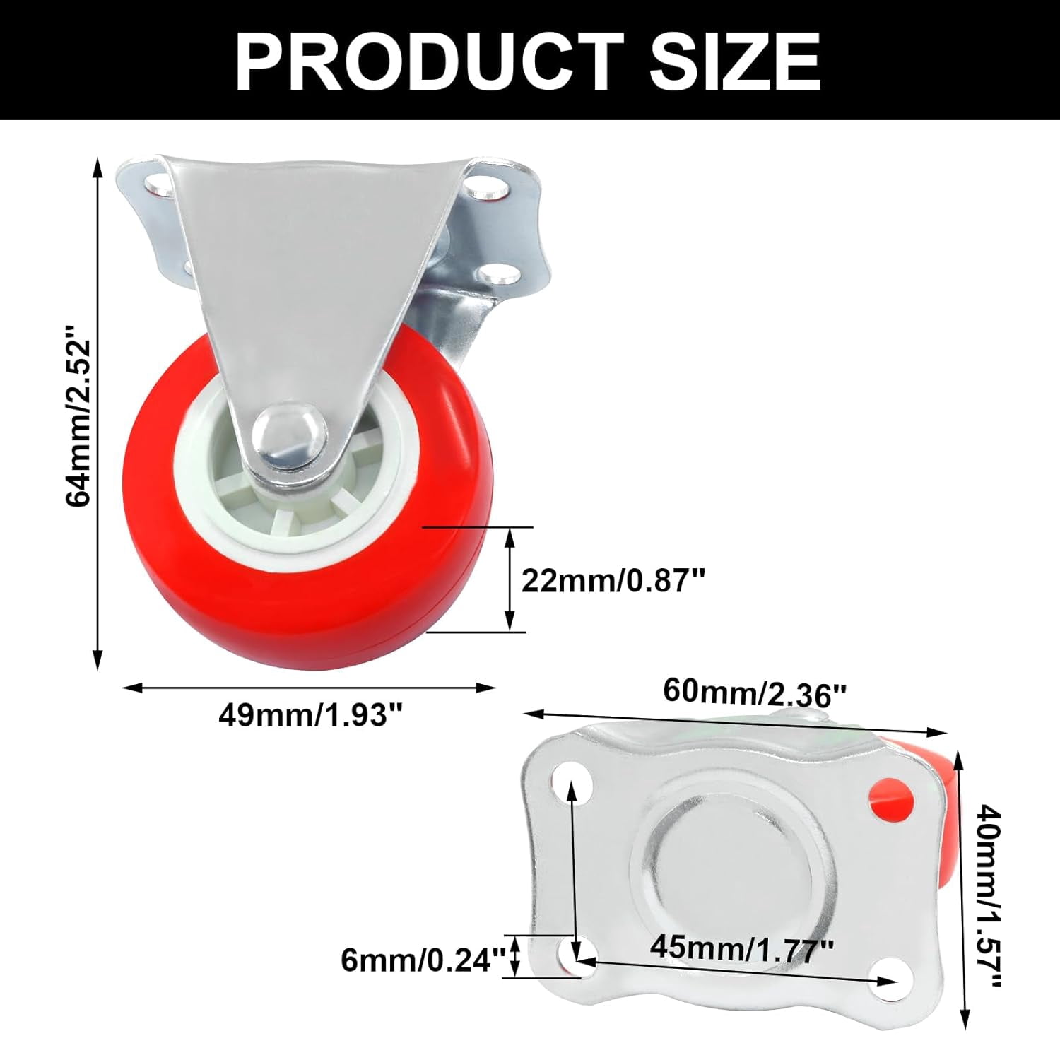 FRKSMD-6 Pack Rigid No-Swivel Plate Caster Wheels, 2 inch Hard Rubber Caster Wheels with Screws, Red Plate Casters for Furniture, Workbench