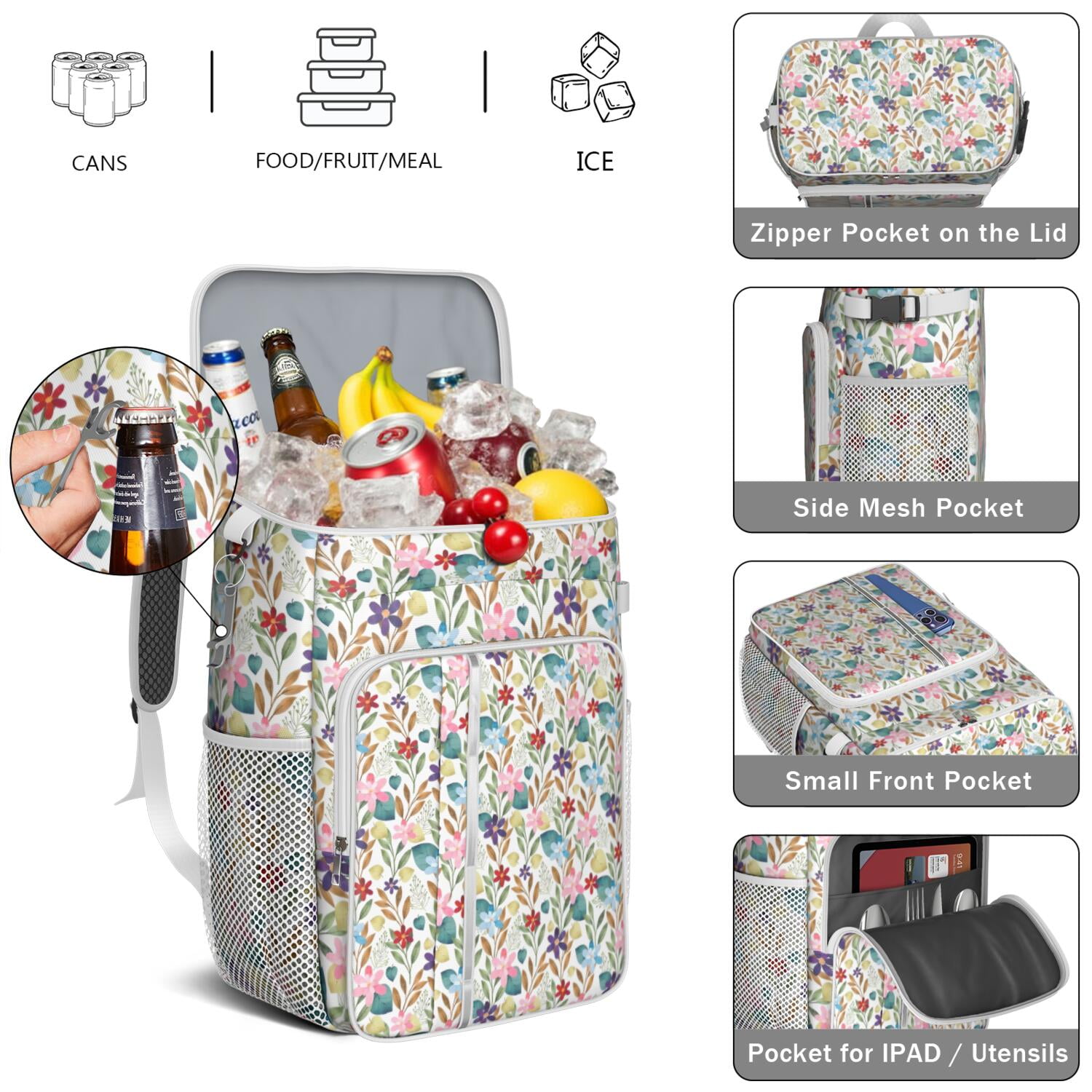 Travel Cooler Bag - Pioneer Flower Floral Print Pattern Camping Beer Cooler Backpack with Bottle Opener- Waterproof Insulated Picnic Backpacks - Cooler Bag for Beach