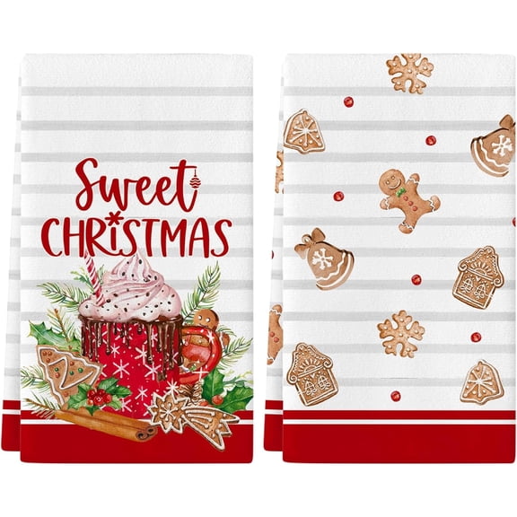 YIBAGA Christmas Kitchen Towels Set of 2, Ice Cream Gingerbread Dish Towels, 18x26 inch, Polyester