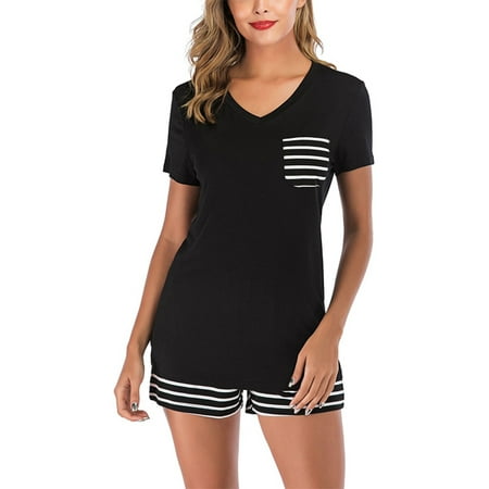 

Welliumy Women Nightgown Short Sleeve Pajamas Sets V Neck Sleepwear Baggy Summer Lounge Set Black S