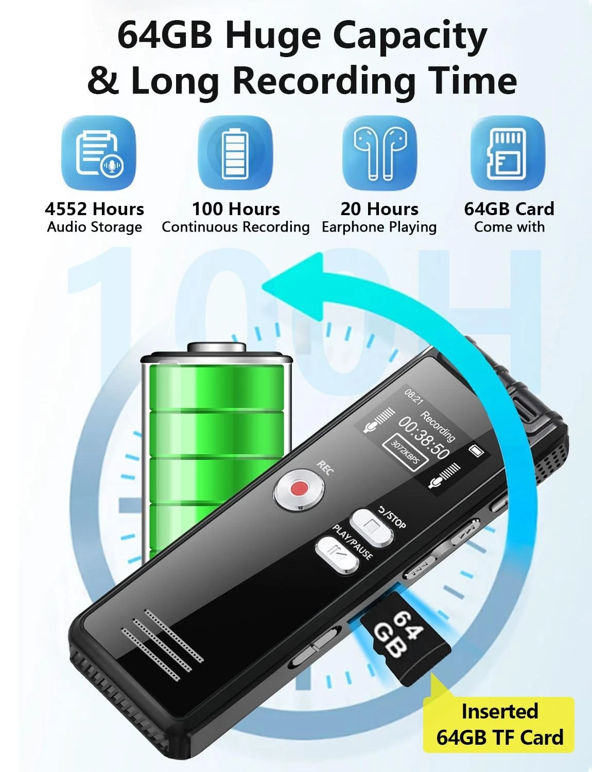 64GB Digital Voice Activated Recorder with Playback - 4552 Hours Audio Record