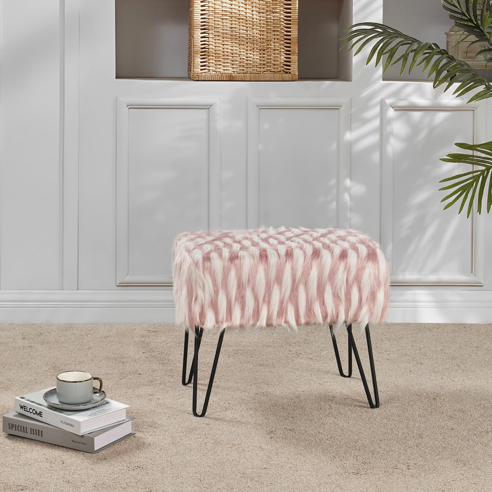 Home Soft Things Feathery Faux Fur Stool Chair Upholstered Footrest Ottoman with Black Metal Legs and Padded Seat, Pink, 19" x 13" x 17"
