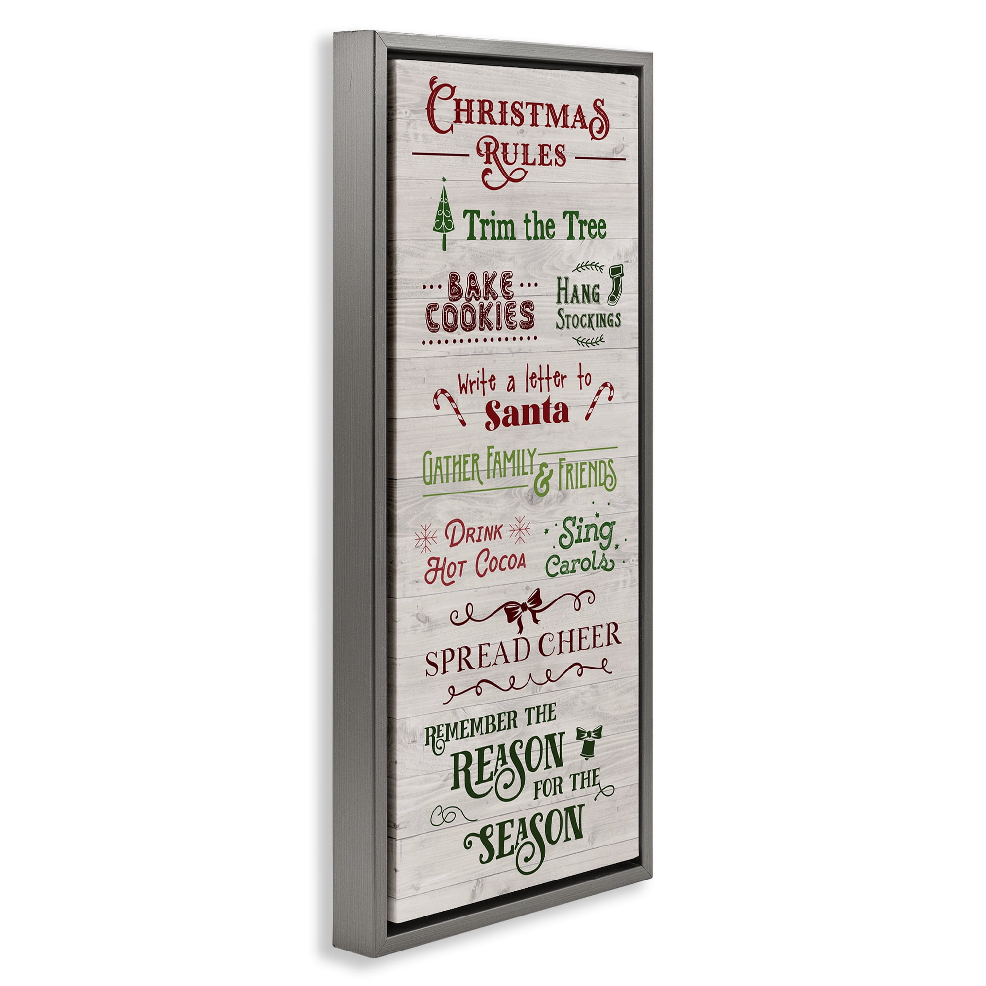 Stupell Industries Rustic Christmas Rules Holiday Painting Gray Floater Framed Canvas Art Prints Wall Art, 15 x 31