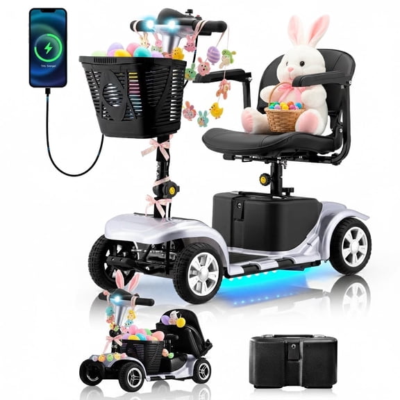 Mosta Adult, Senior Mobility Scooter, 4-wheel Electric Rechargeable Travel Device with LED Headlight and Basket, Including Charger, Silver