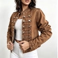 thumbnail image 3 of FDGIU Women Stand Collar Denim Jacket Long Sleeve Decorative Button Cropped Casual Jean Outerwear, 3 of 7