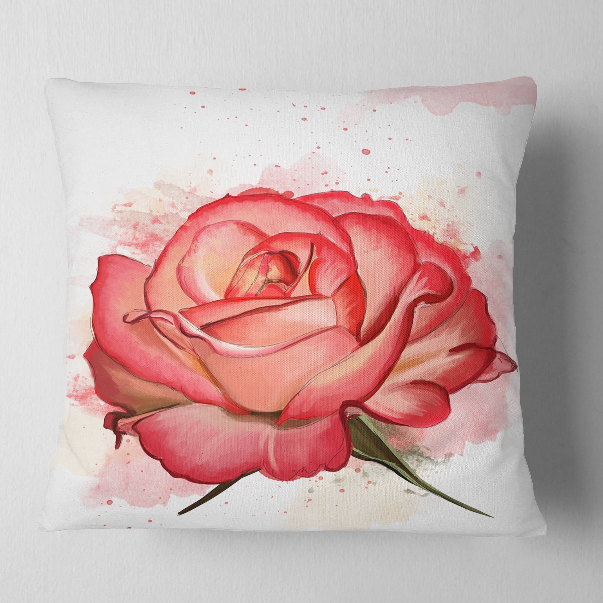Designart Red Rose Illustration with Splashes - Floral Throw Pillow - 16x16