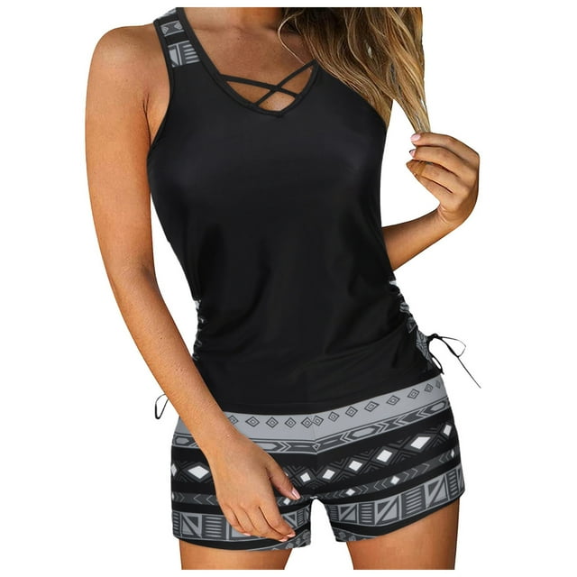 FhsagQ Ensembles de Maillots de Bain pour Femmes Jeu de Rôle Chemise de Nuit & Chemise de Nuit Femmes Grande Taille Imprimé Vintage Dos à Bretelles Ensemble Tankini Deux Pièces Robe de Bain Culotte Tenue de Plage Noir TTTG