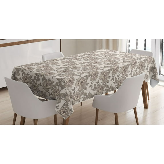 Floral Tablecloth, Nude Tone Peony and Rose Bouquets Flower Romantic Poppy Blossoms Pattern, Rectangle Satin Table Cover for Dining Room and Kitchen, 52" X 70", Warm Taupe and Beige, by Ambesonne