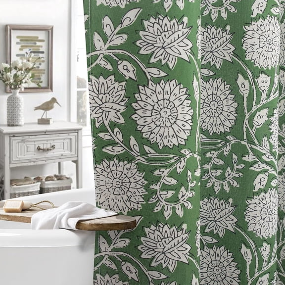 Vintage Sage Green Floral Shower Curtain -72x72 Inches, Linen Blend Fabric, Botanical Block Print for a Boho Aesthetic Cottagecore Farmhouse Bathroom