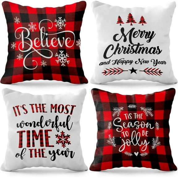 , Red and White Christmas Pillow Covers 18x18 Inch - Pack of 4 | Christmas Throw Pillow Covers, Christmas Plaid Pillow Covers | Farmhouse Christmas Pillow Covers for Plaid Christmas Decoration